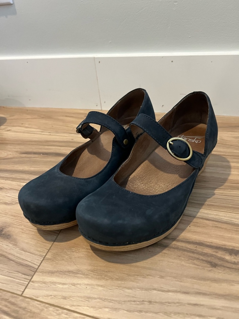 Dansko Navy Blue Mary Jane Heels with Brass Buckle